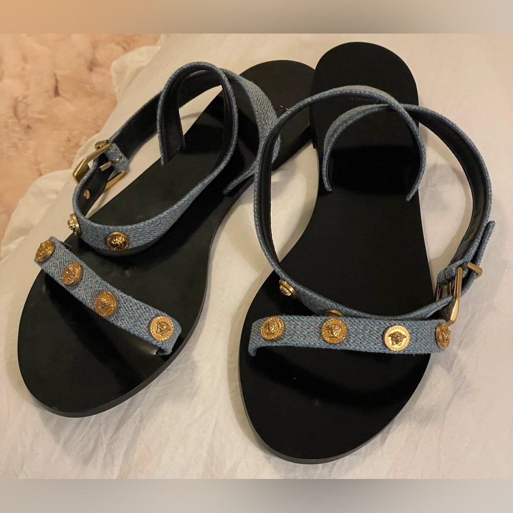 Versace Denim wrap around Sandals with gold metal Medusa medallions
NWT